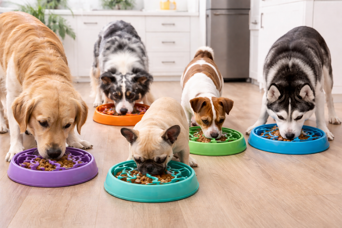 five dogs eating in their slow feeder