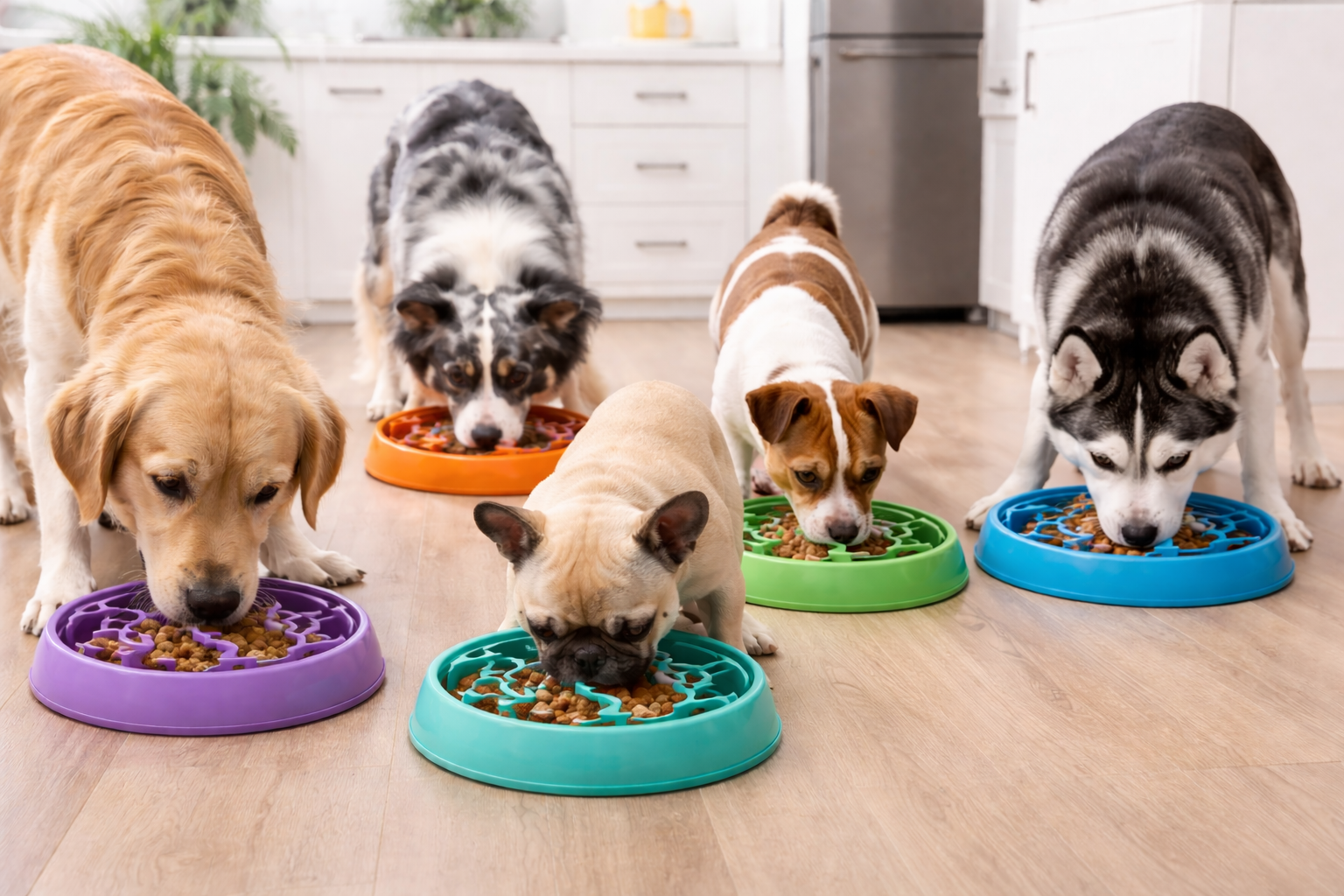 five dogs eating in their slow feeder