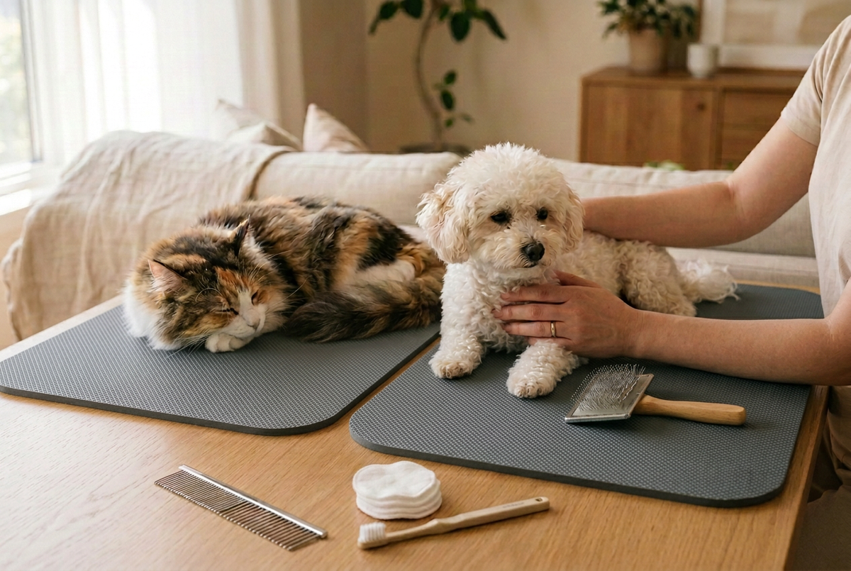 Cat and small white dog resting on grooming mats beside pet-care tools while an owner gently reassures the dog