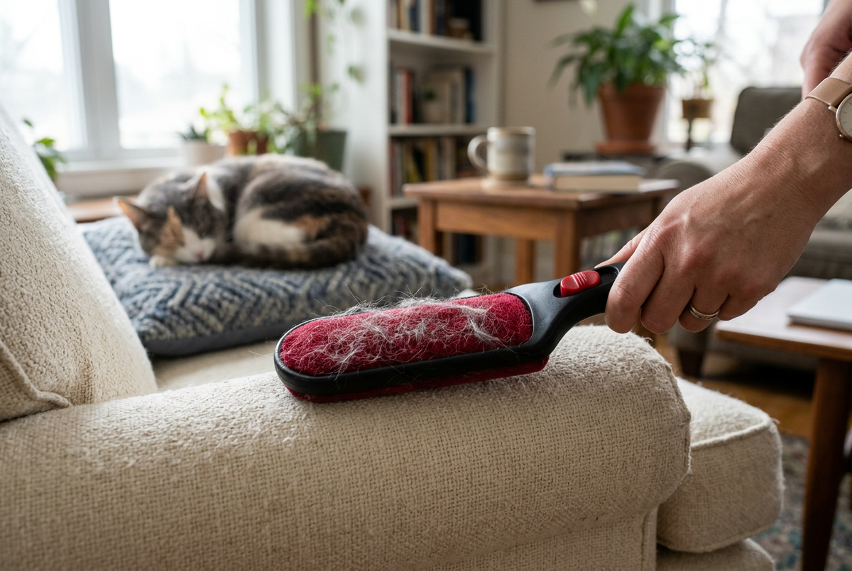 Owner removing pet hair from a beige fabric sofa with a lint roller while a golden retriever rests nearby