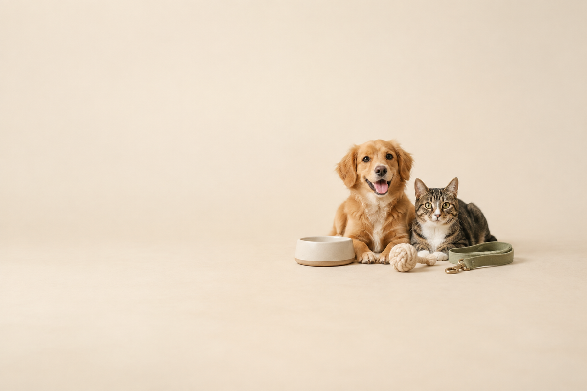 Pet boutique hero image with small, centrally positioned subjects